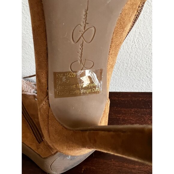 Jessica Simpson Ankle Boots Womens Sz 6.5 Tan Stiletto Heel Vegan Faux Fur Cuff - Picture 7 of 11